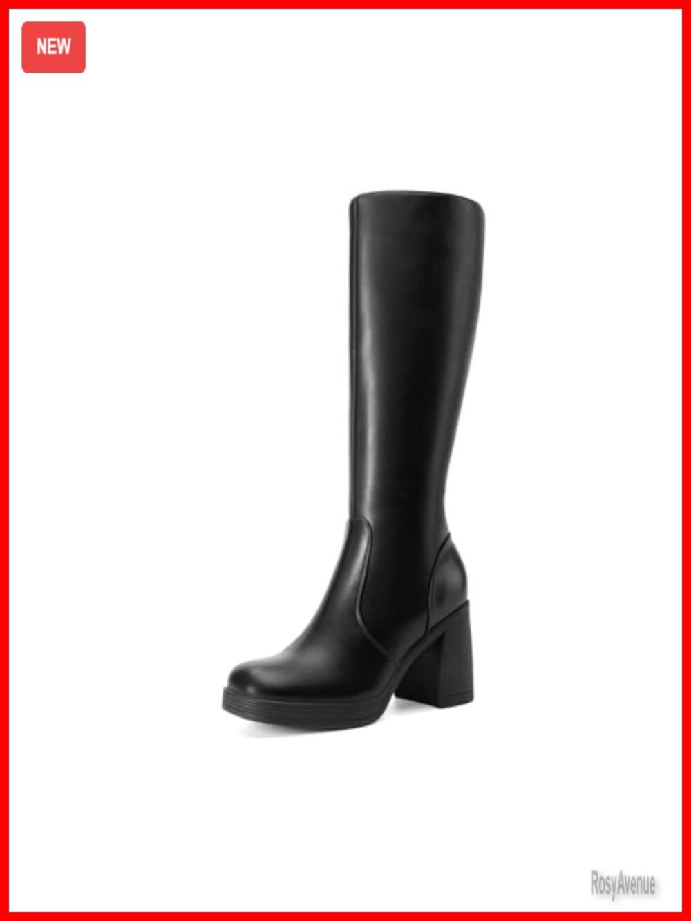 Knee High Platform Heel Boots Faux Leather Square Toe Zip Up